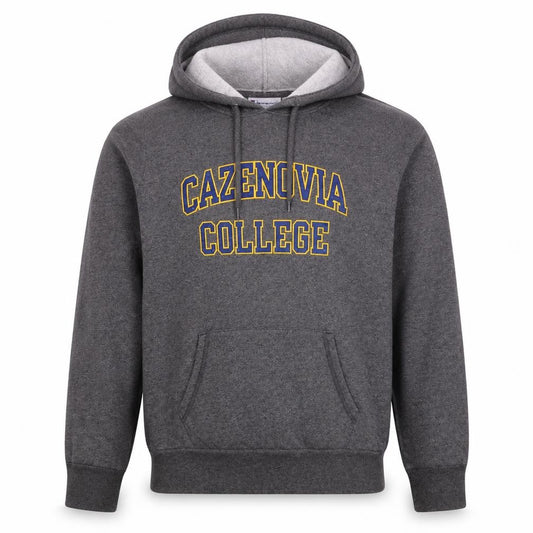 Front view of Champion men’s grey pullover hoodie l cazenovia college fleece