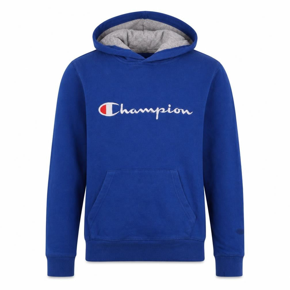 Front view of Champion boys’ blue l pullover hoodie sweatshirt with logo