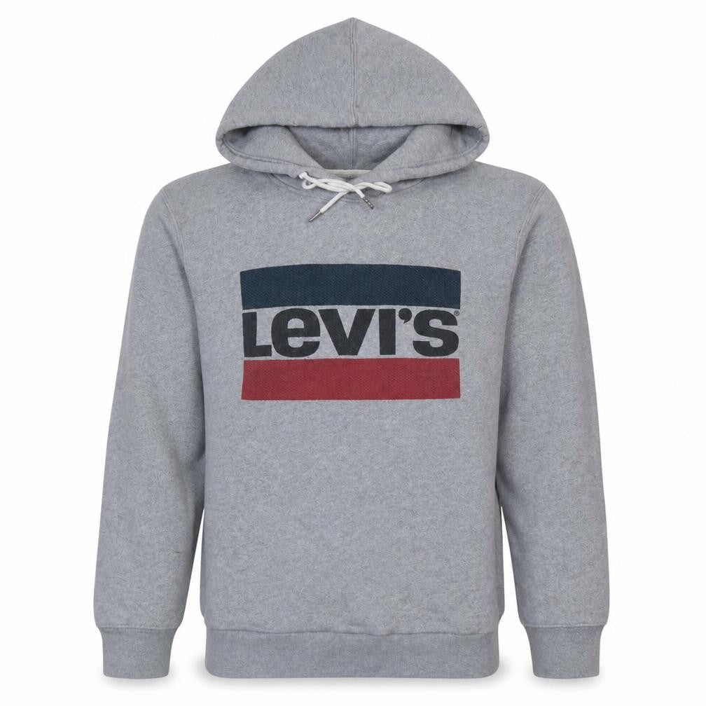 Front view of Levi's Men's Grey Pullover Hoodie, size S, Graphic Logo Sweatshirt