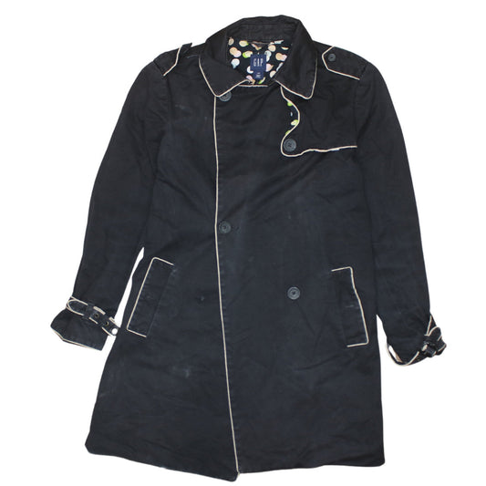 GAP Women Black Long Trench Coat Lined Cotton Belted L UK 14