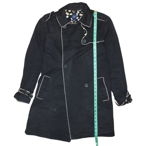 GAP Women Black Long Trench Coat Lined Cotton Belted L UK 14