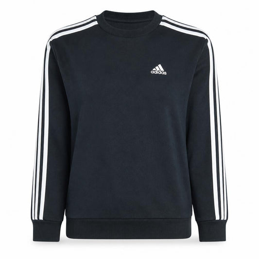 Front view of Adidas women’s black xs crew neck pullover sweatshirt logo stripe casual