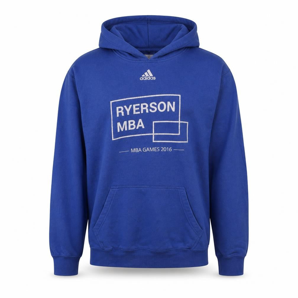 Front view of Adidas Men’s Blue Pullover Hoodie, size S, Ryerson MBA Graphic