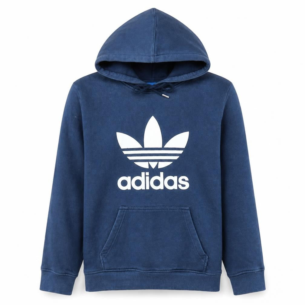 Front view of Adidas Men's Blue Medium Pullover Hoodie with Logo Graphic