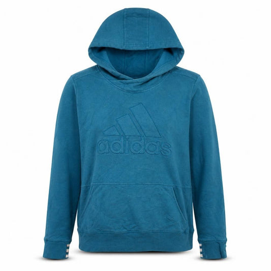 Front view of Adidas women’s blue pullover hoodie, size S, 8-10 hooded sweatshirt