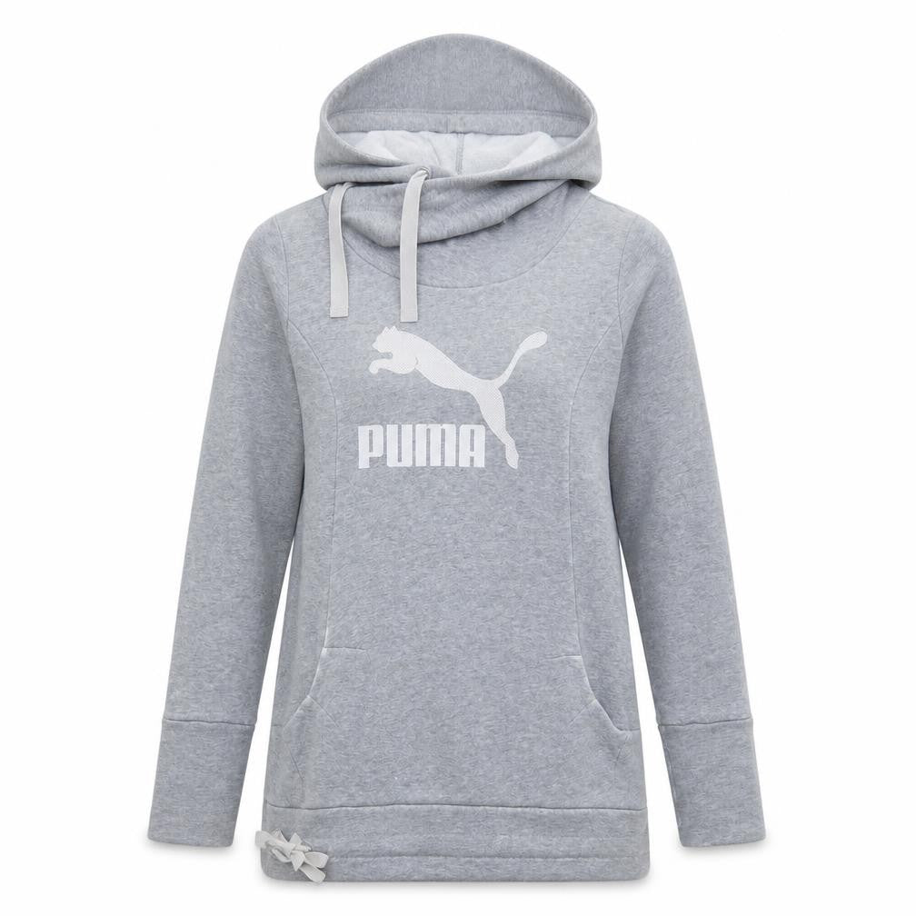 Front view of Puma Women's Grey Hooded Pullover Sweatshirt, size 8, UK