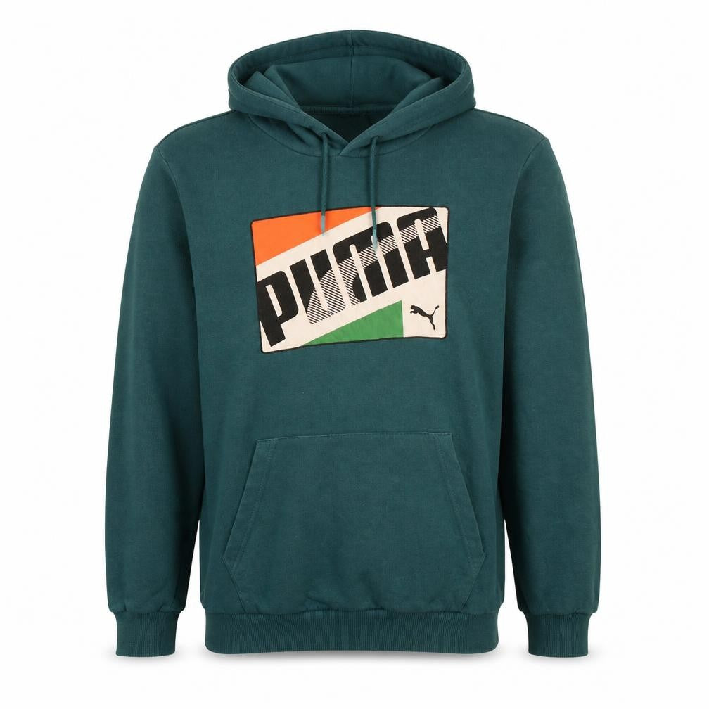 Front view of Puma Men's Green Pullover Hoodie S Logo Graphic Sweatshirt