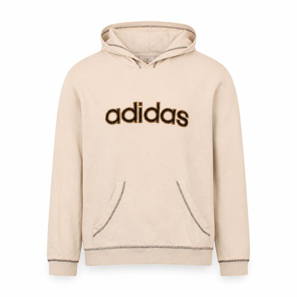 Front view of Adidas Men’s Beige Pullover Hoodie, size S, Logo Fleece Sweatshirt