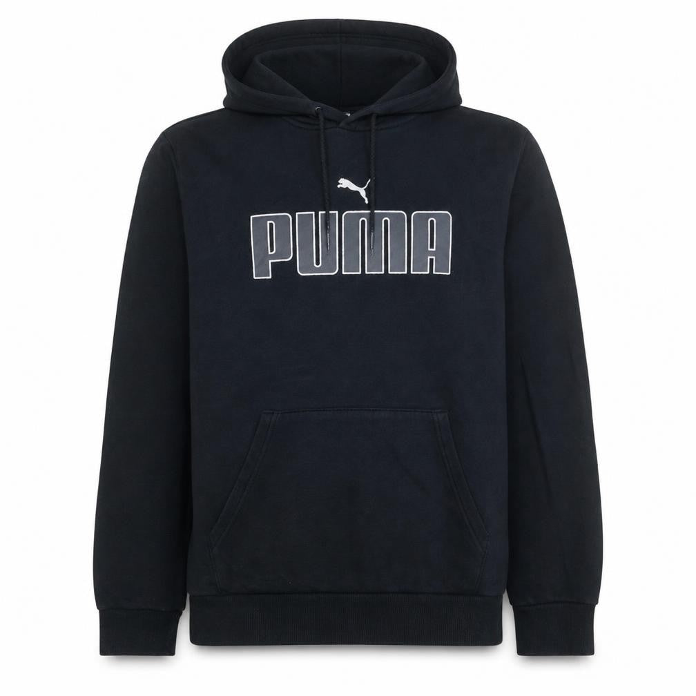 Front view of Puma Men's Black Pullover Hoodie, size L, Graphic Sportswear