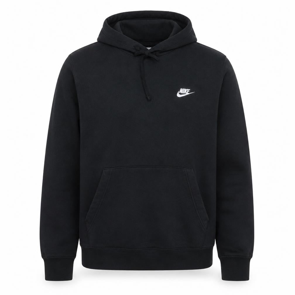 Front view of Nike Men's Black Pullover Hoodie L Regular Fit Fleece Logo Sweatshirt