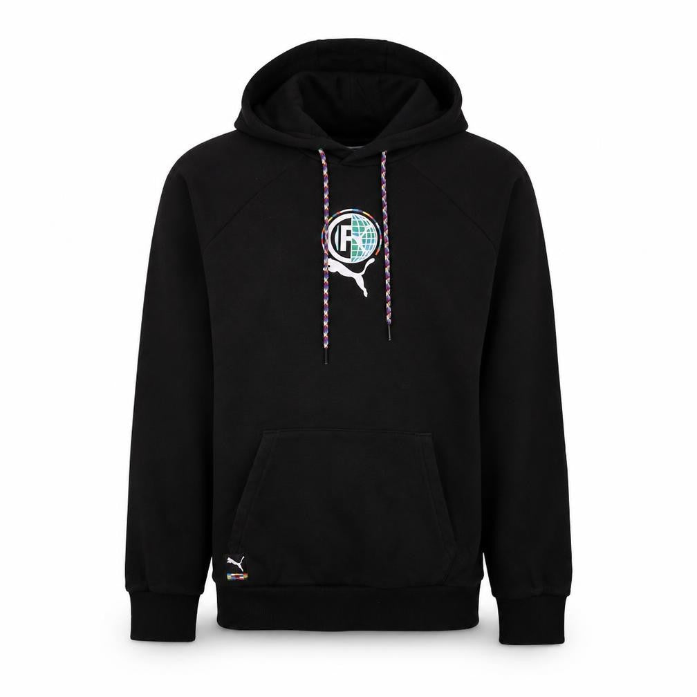 Front view of Puma Men's Black Graphic Pullover Hoodie, size S