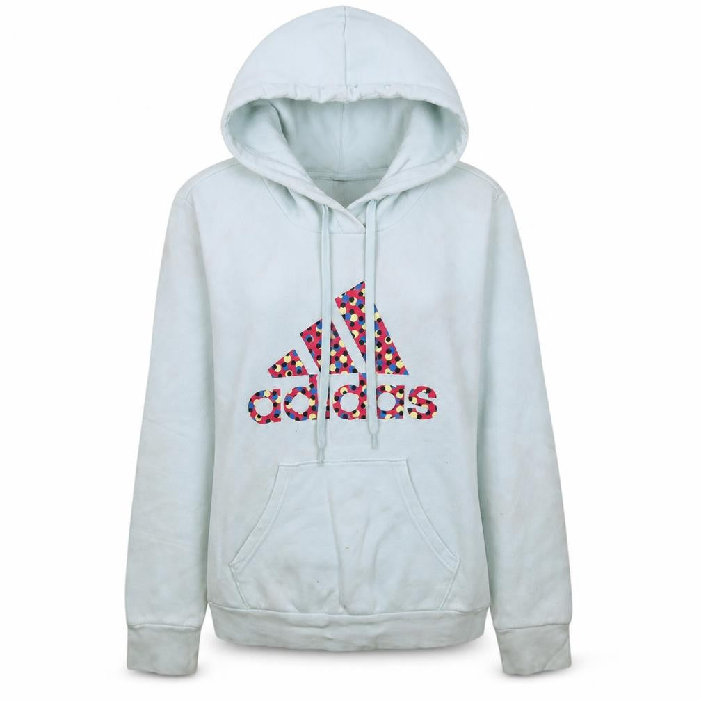 Front view of Adidas Women's Blue Pullover Hoodie, size S, Printed Logo Sweatshirt