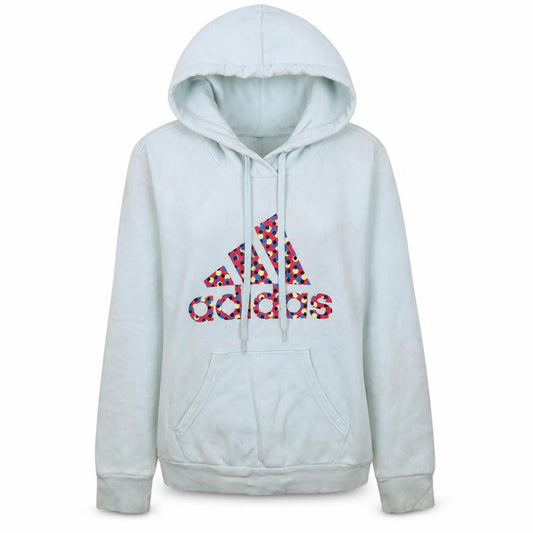 Front view of Adidas Women's Blue Pullover Hoodie, size S, Printed Logo Sweatshirt