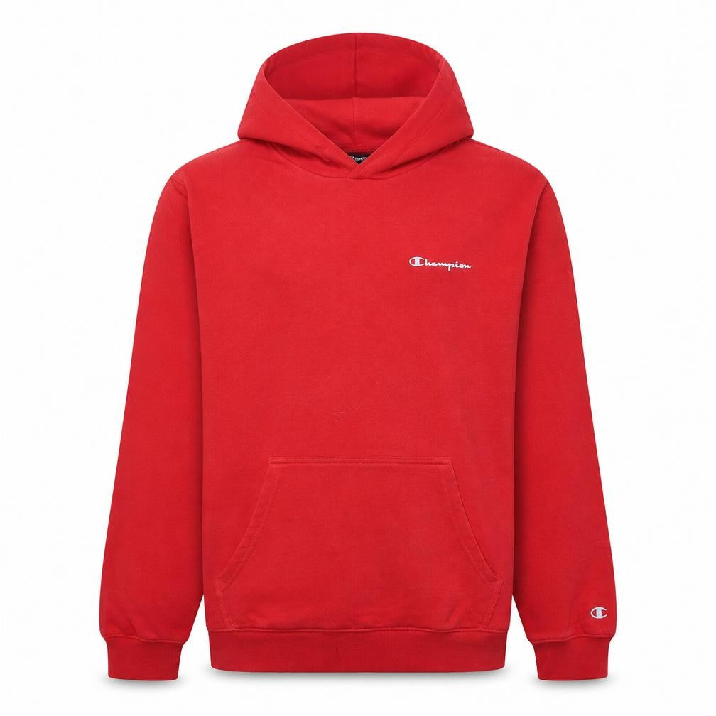 Front view of Champion Men's Red Pullover Hoodie Large Logo Sweatshirt