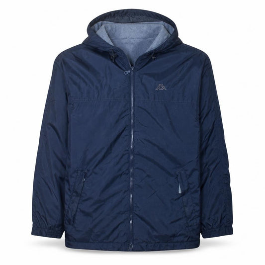 Front view of Kappa Men's Blue Hooded Windbreaker Jacket, size S, Lightweight Casual