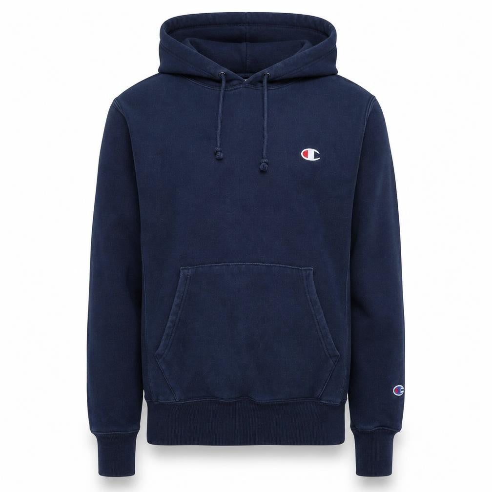 Front view of Champion men’s navy blue xs pullover hoodie reverse weave sweatshirt