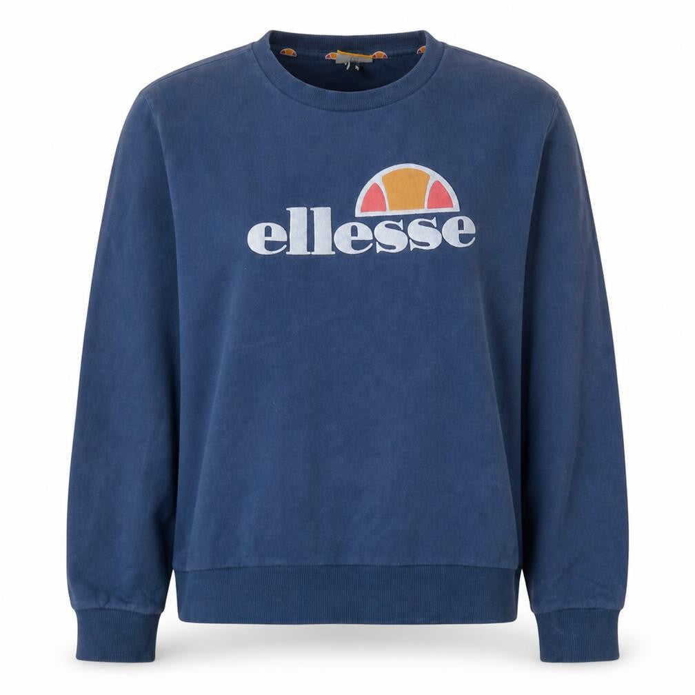 Front view of Ellesse women’s blue, size UK 16, pullover sweatshirt logo crew neck