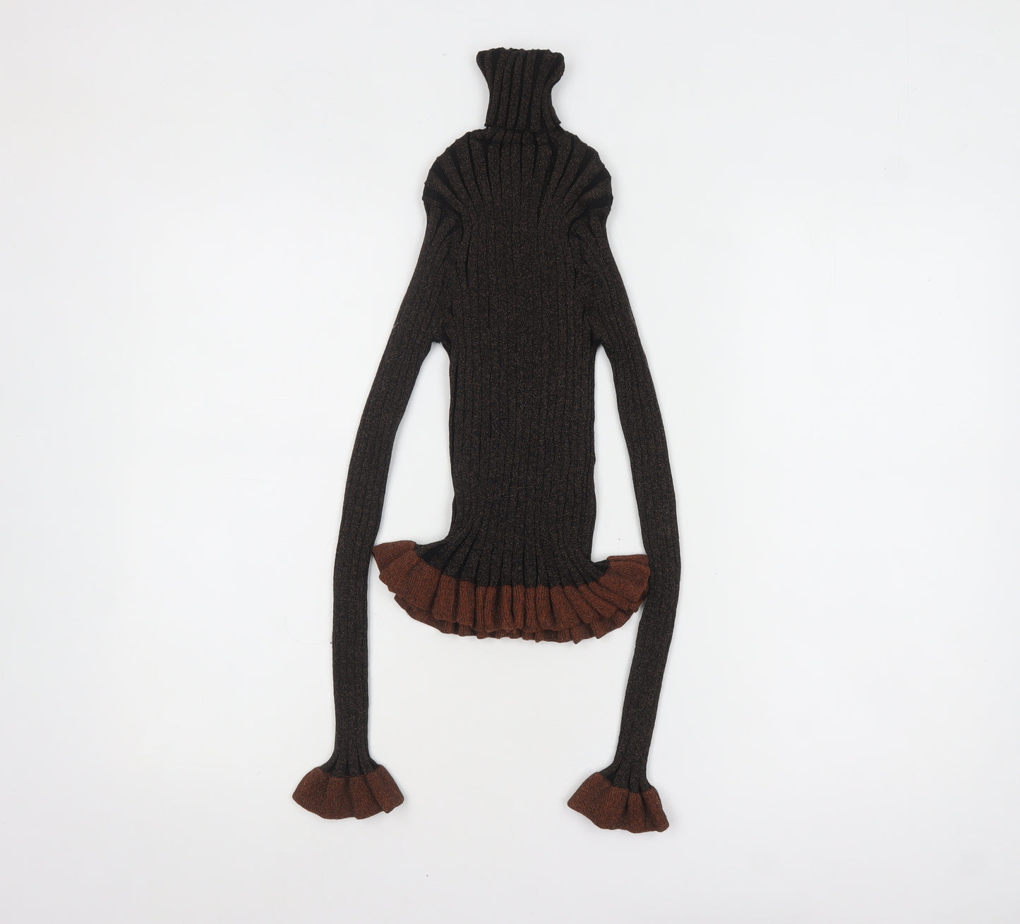 ZARA Women’s Brown Roll Neck Ribbed Ruffle Knit Jumper Size S