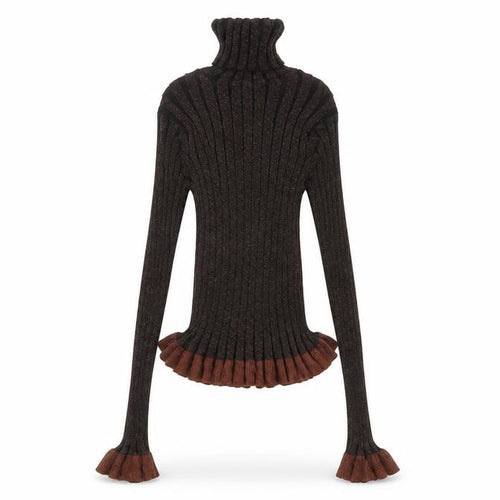 ZARA Women’s Brown Roll Neck Ribbed Ruffle Knit Jumper Size S
