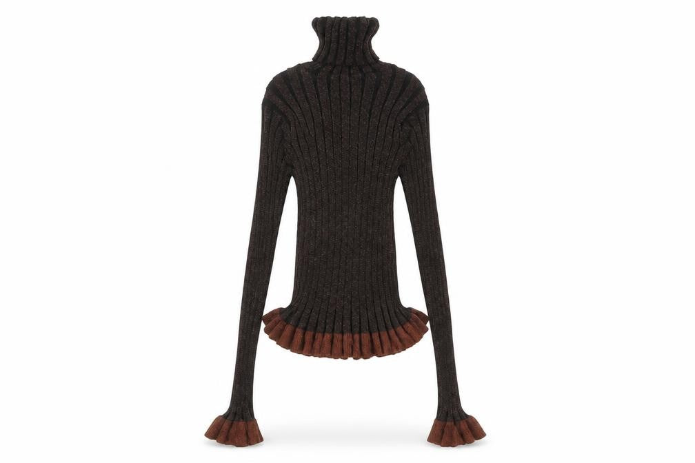 ZARA Women’s Brown Roll Neck Ribbed Ruffle Knit Jumper Size S