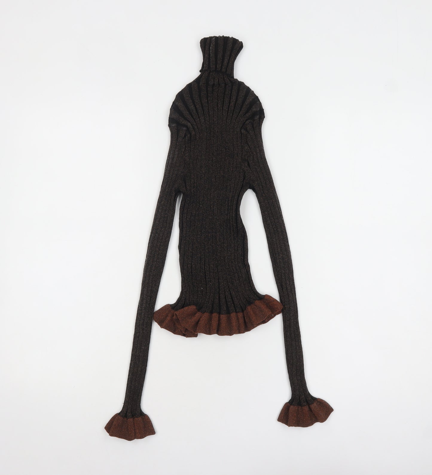 ZARA Women’s Brown Roll Neck Ribbed Ruffle Knit Jumper Size S