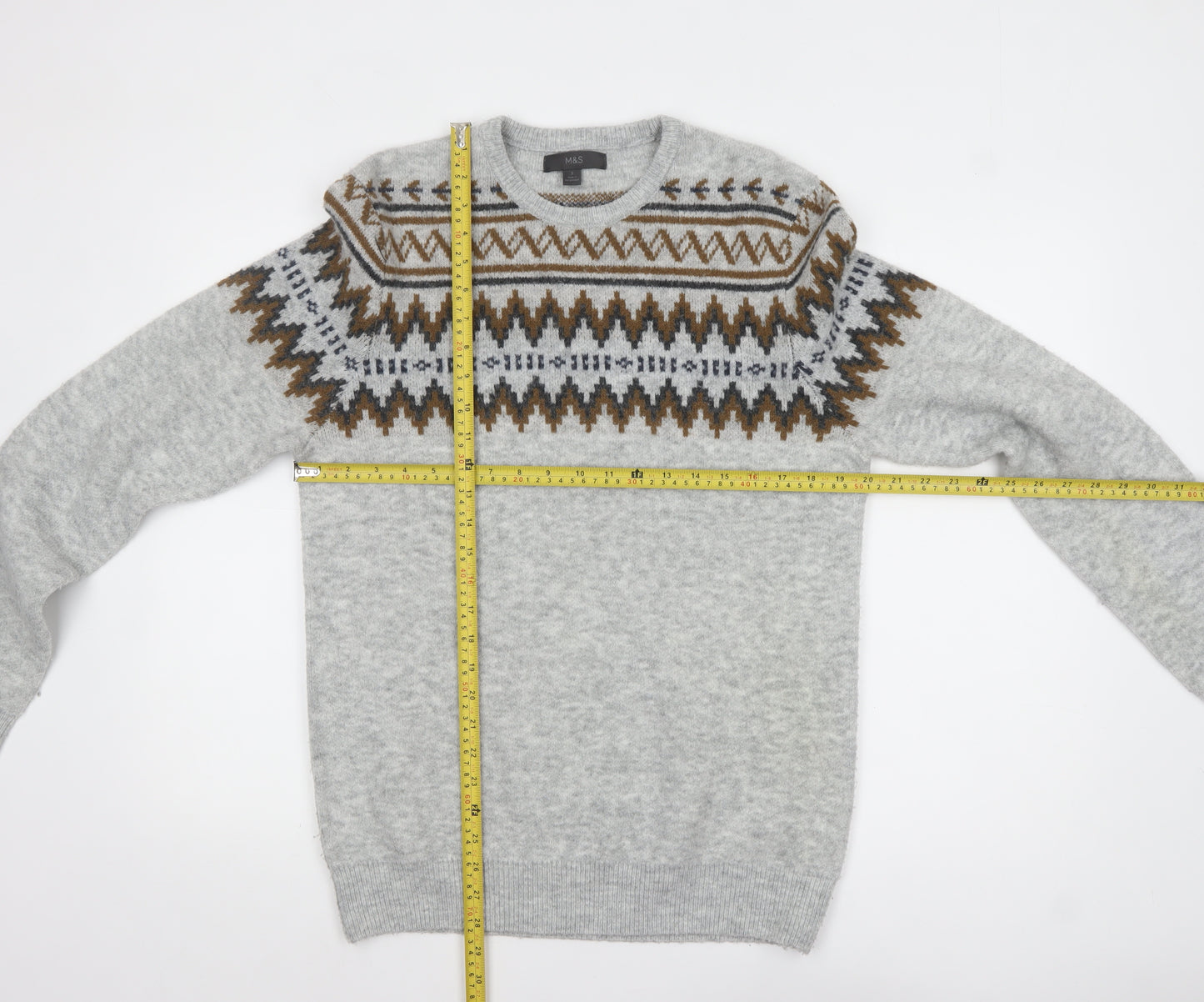 Marks and Spencer Men's Grey Fair Isle Knit Jumper Size S