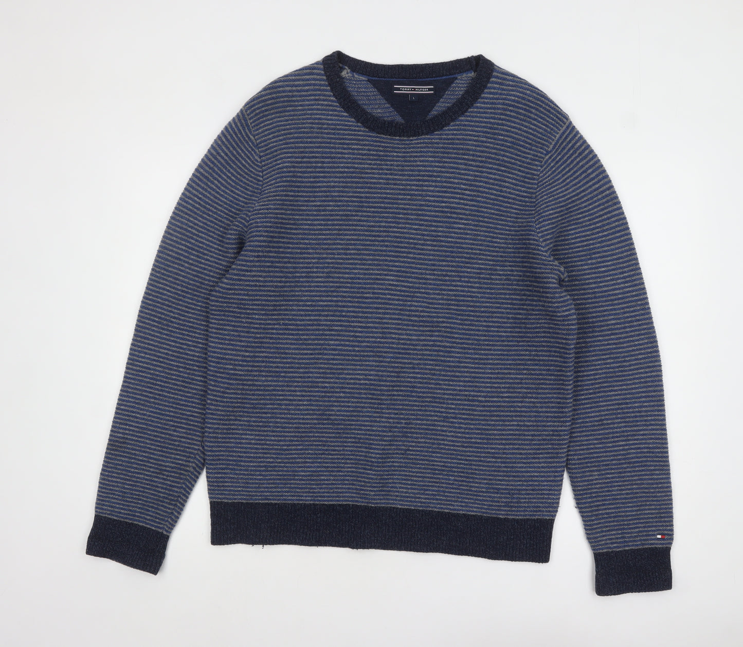 Tommy Hilfiger Men’s Blue Striped Wool Blend Crew Neck Jumper L
