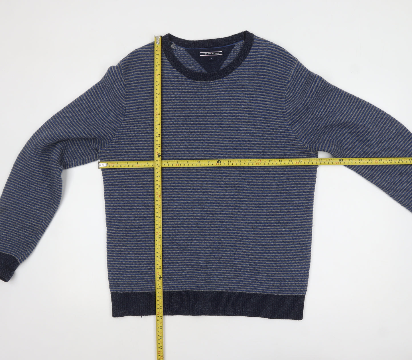 Tommy Hilfiger Men’s Blue Striped Wool Blend Crew Neck Jumper L