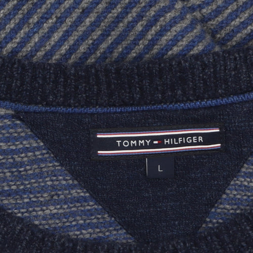 Tommy Hilfiger Men’s Blue Striped Wool Blend Crew Neck Jumper L