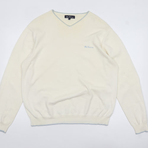 Ben Sherman Men's Ivory Cotton V-Neck Jumper XL Classic Knit
