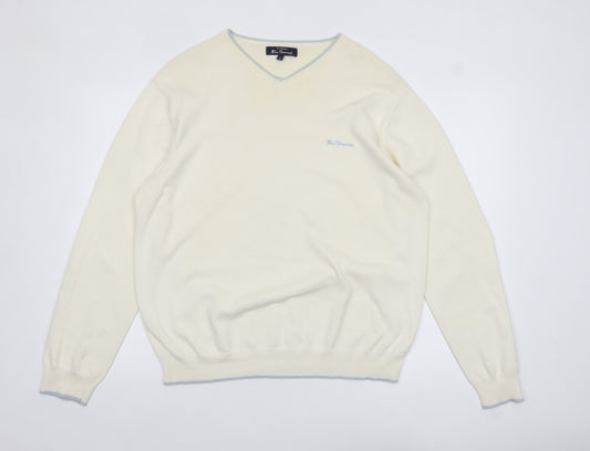Ben Sherman Men's Ivory Cotton V-Neck Jumper XL Classic Knit