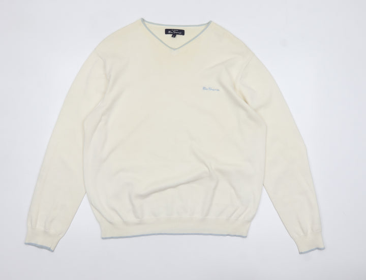 Ben Sherman Men's Ivory Cotton V-Neck Jumper XL Classic Knit
