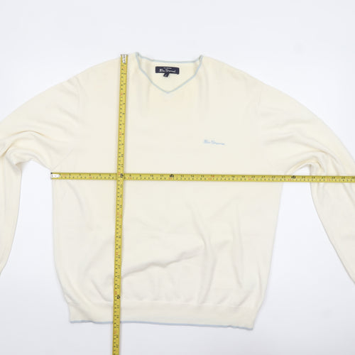 Ben Sherman Men's Ivory Cotton V-Neck Jumper XL Classic Knit