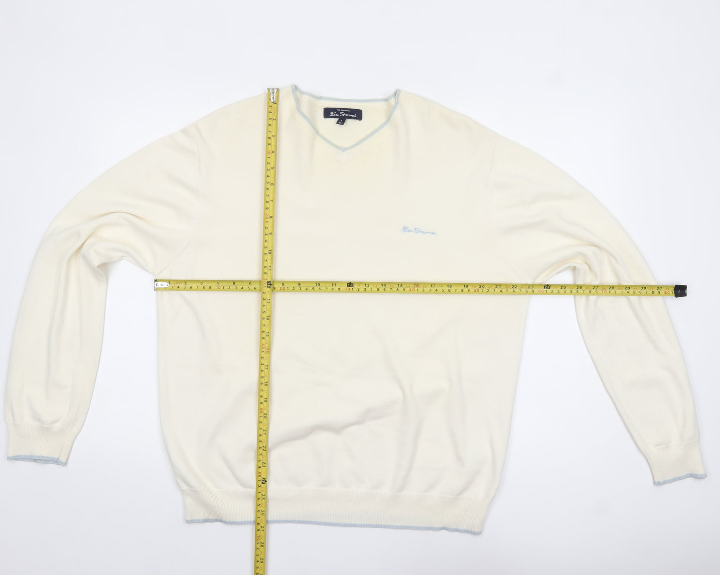 Ben Sherman Men's Ivory Cotton V-Neck Jumper XL Classic Knit