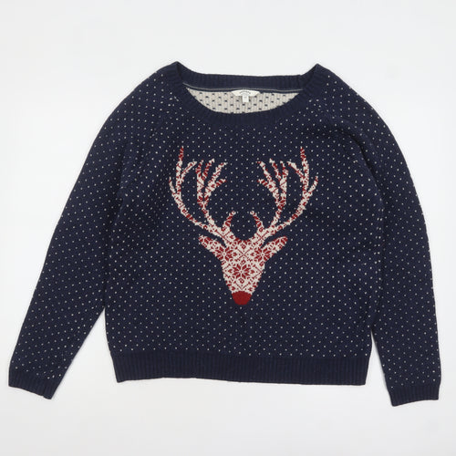 FatFace Women Blue Reindeer Fair Isle Crew Neck Pullover Jumper Size 18
