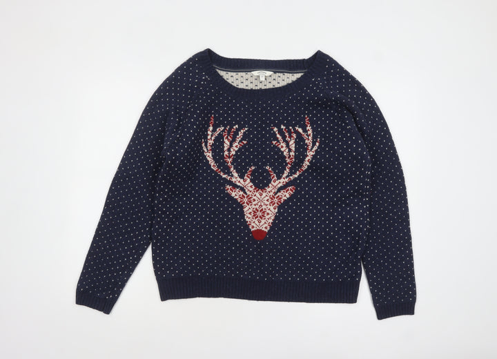 FatFace Women Blue Reindeer Fair Isle Crew Neck Pullover Jumper Size 18