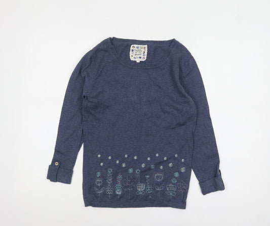 Mantaray Women's Blue Cotton Embroidered Pullover Jumper Size 10