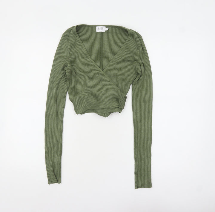 NA-KD Women’s Green Wrap Ribbed V-Neck Jumper Size M