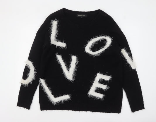 River Island Womens Black LOVE Fuzzy Knit Pullover Jumper Size 12