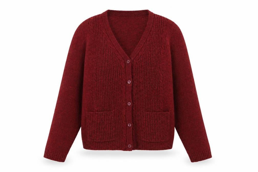 Front view of Honor Millburn Women's Red Acrylic Button Cardigan, size S, 10-12
