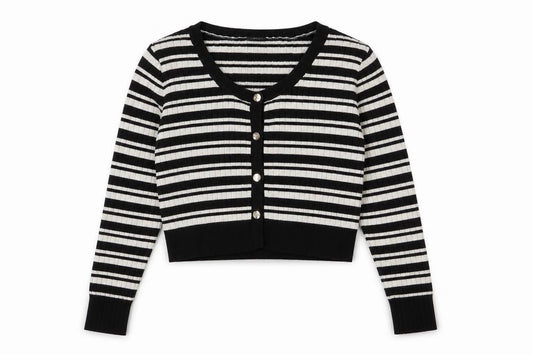 Front view of River Island girls’ black & white striped cardigan 11-12 years button knit