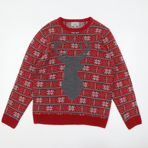 Marks and Spencer Men's Red Fair Isle Reindeer Christmas Jumper M