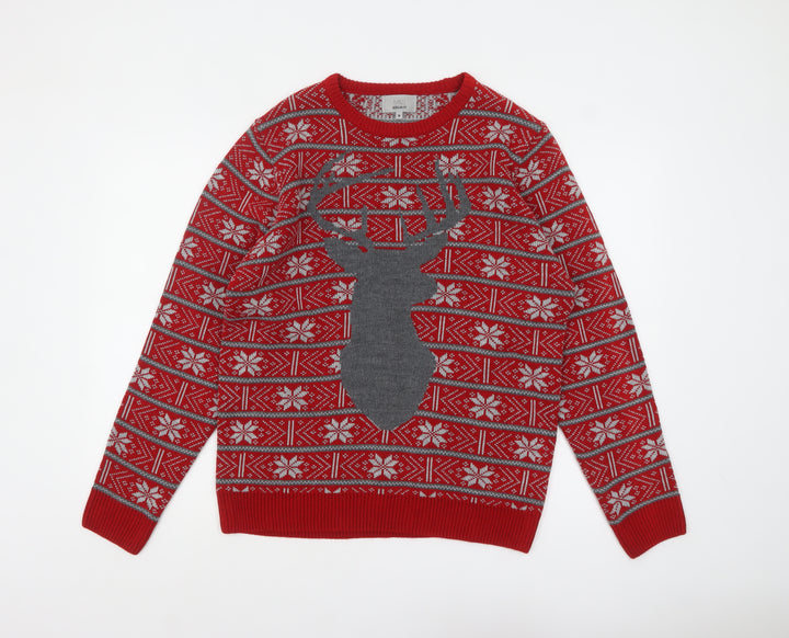 Marks and Spencer Men's Red Fair Isle Reindeer Christmas Jumper M