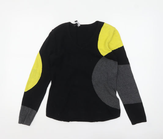 Marble Womens XS Black Geometric V-Neck Cotton Jumper