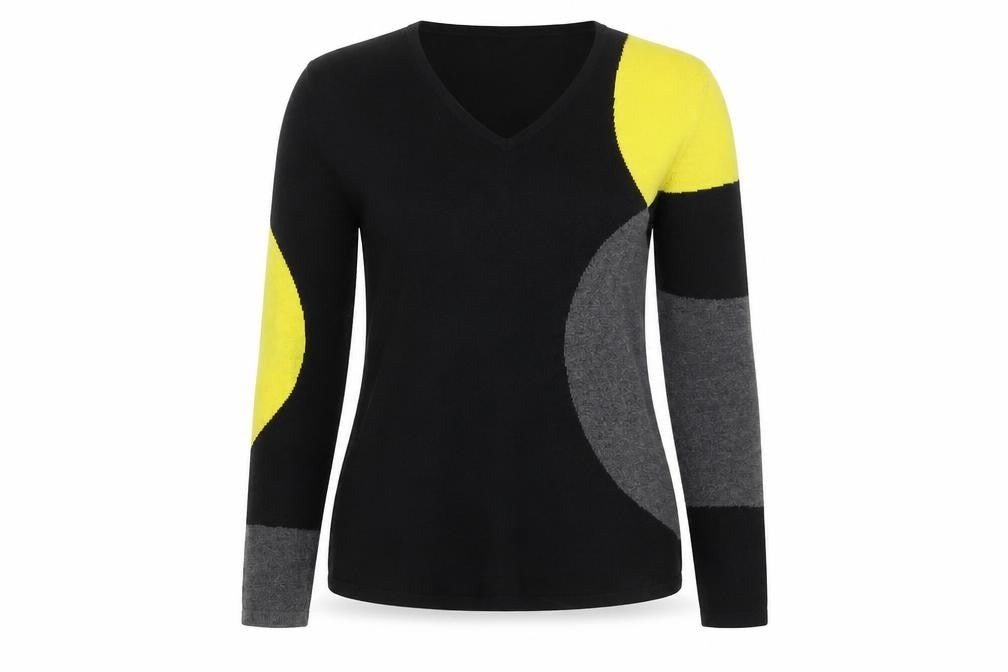 Front view of Marble women’s xs black geometric v-neck cotton jumper