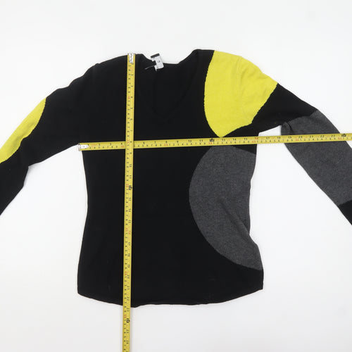 Marble Womens XS Black Geometric V-Neck Cotton Jumper