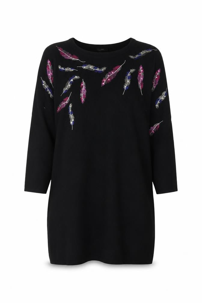 Front view of M&Co Women’s Black Embroidered Feather Jumper, size UK 14