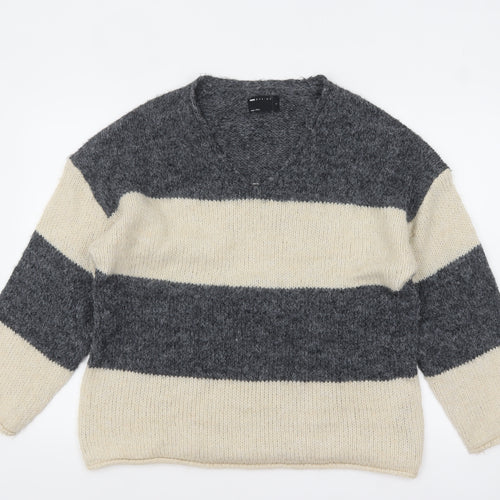 ASOS Women’s Grey Cream Striped V-Neck Knit Jumper Size S UK 8-10
