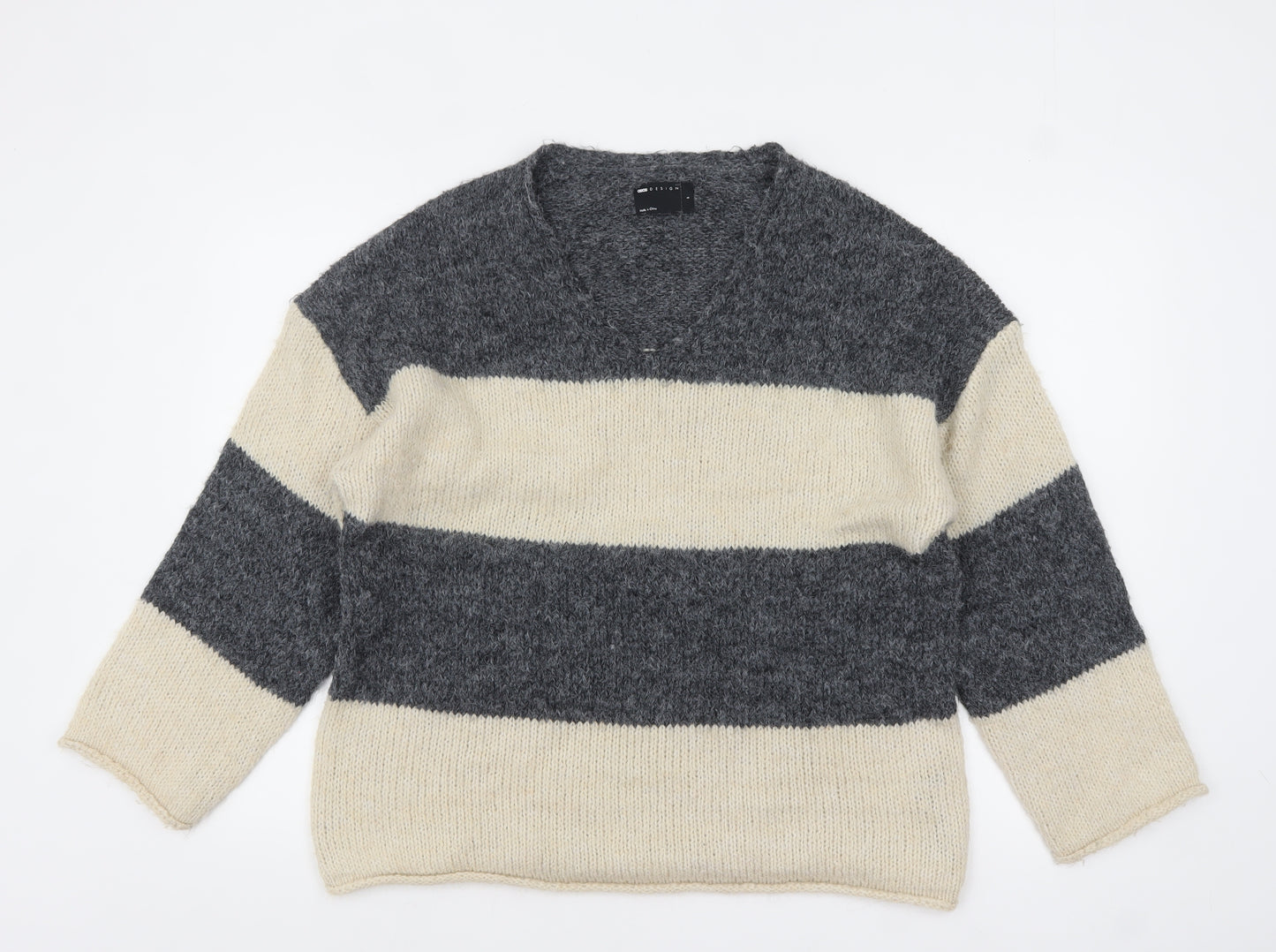 ASOS Women’s Grey Cream Striped V-Neck Knit Jumper Size S UK 8-10