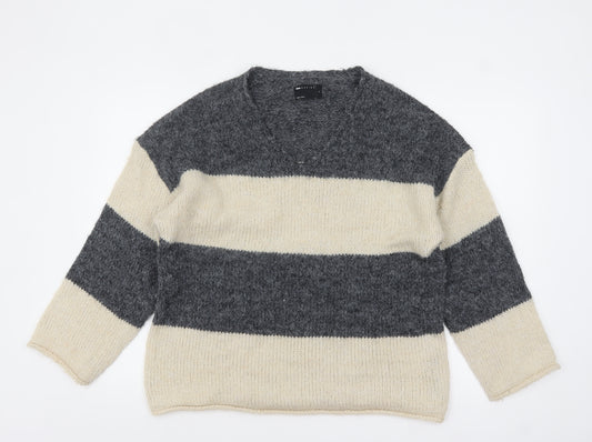 ASOS Women’s Grey Cream Striped V-Neck Knit Jumper Size S UK 8-10